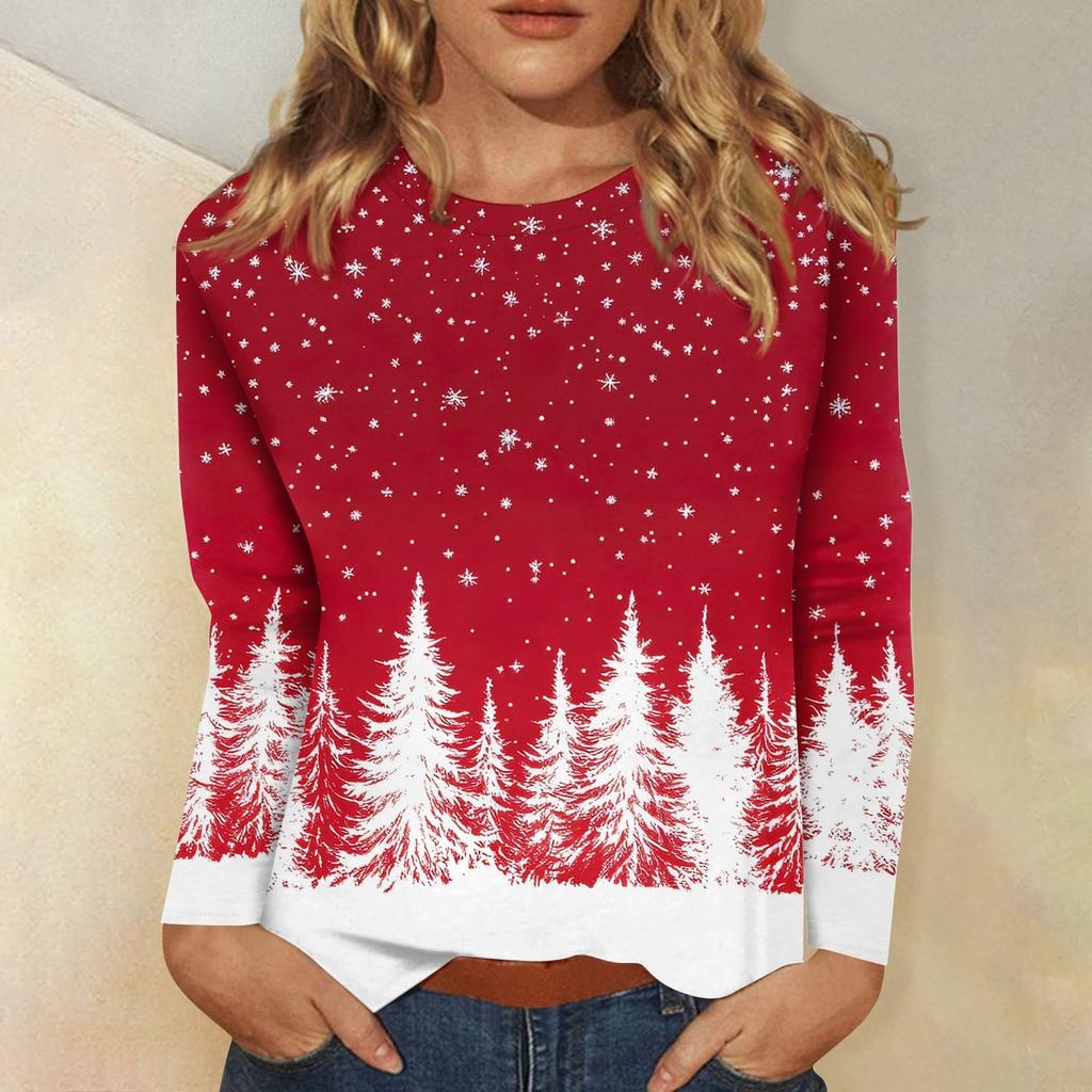 Women's Fashion Casual Christmas Printed Round Neck Long Sleeve Pullover Top