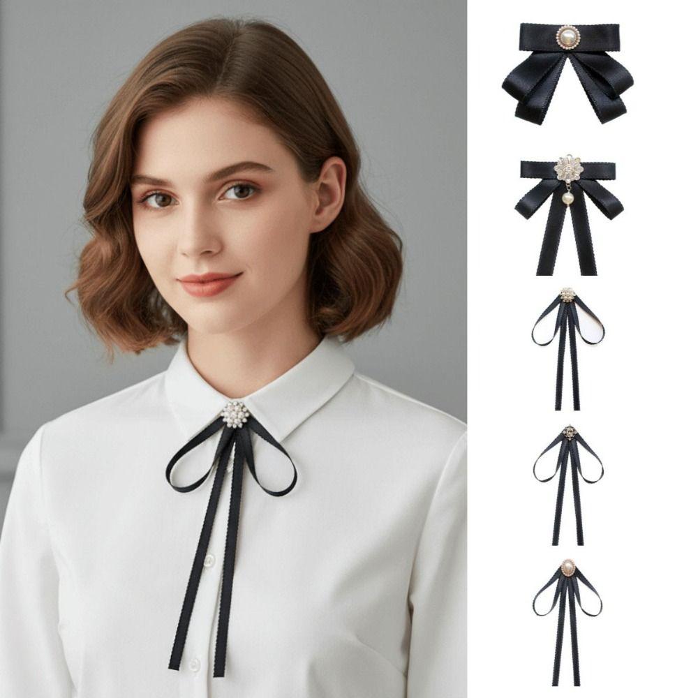 Pearl Black Ribbon Pin Solid Color Funerals Memorial Pin Simple Black Bow Necktie Girl