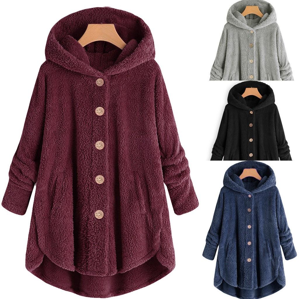 Women Plus Size Button Plush Tops Hooded Loose Cardigan Wool Coat Winter Jacket