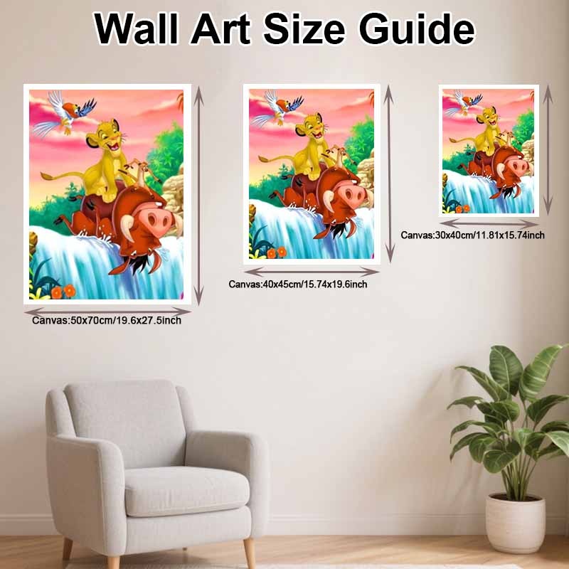 Disney diamond painting 5D round diamond full of diamonds DIY handmade stickers, home decoration paintings Lion King Simba Timon Pumbaa waterfall.