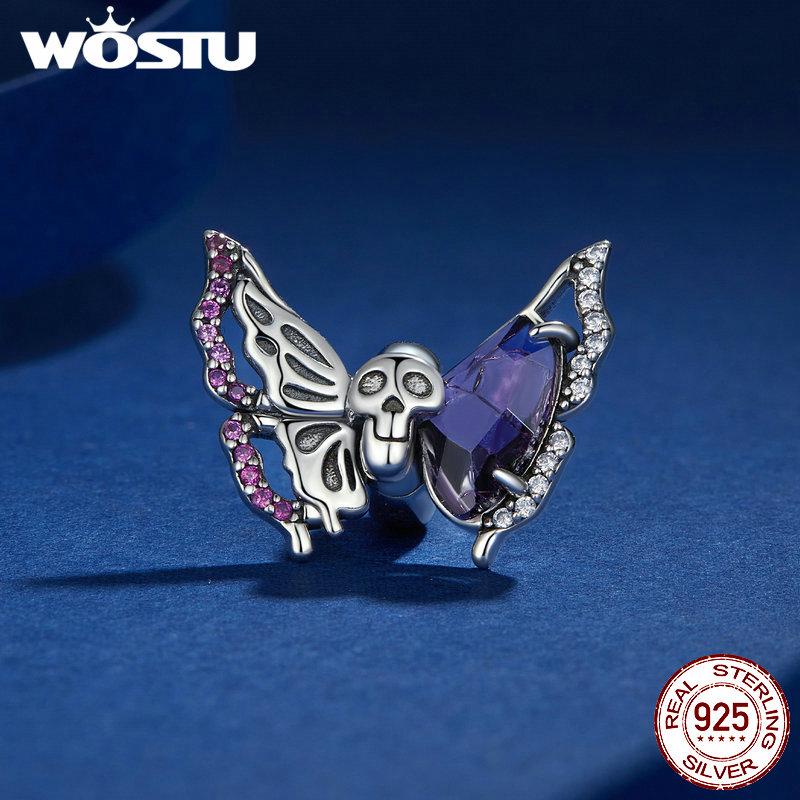 WOSTU 925 Sterling Silver Halloween Gift Purple Pendant Punk Skeleton Hand Bead Skull Butterfly Charm Fit DIY Bracelet Necklace