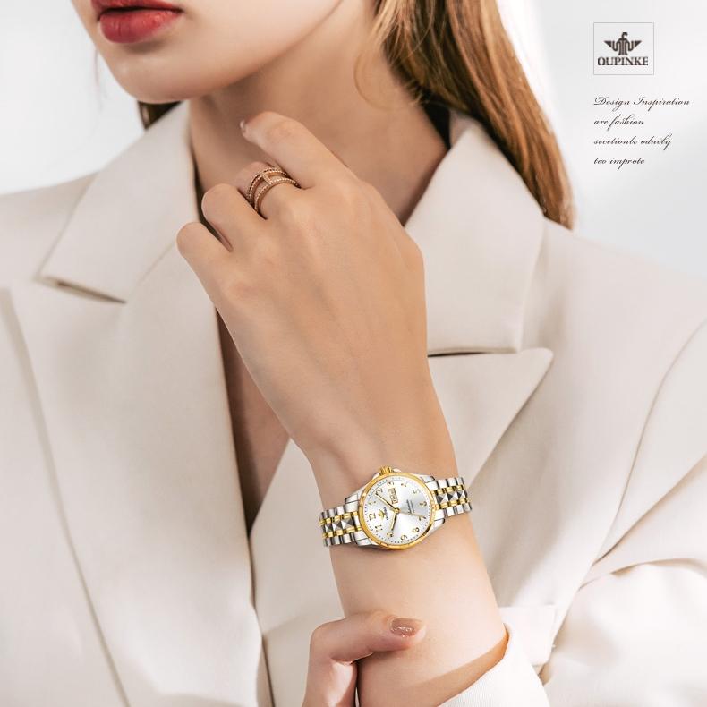OUPINKE Часы автоматические механические часы стальные модные водонепроницаемые женские часы с двойным календарем женские часы