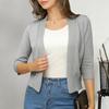 Женский вязаный кардиган без воротника с рукавом 3/4, короткая вязаная куртка, однотонная, открытая строчка, вязаная верхняя одежда