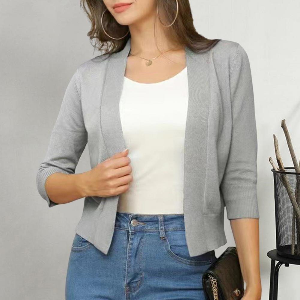 Женский вязаный кардиган без воротника с рукавом 3/4, короткая вязаная куртка, однотонная, открытая строчка, вязаная верхняя одежда