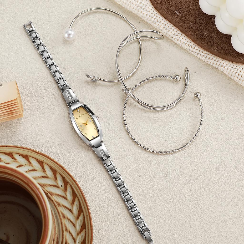 No gift box New small dial barrel-shaped delicate ladies quartz watch pearl bracelet 4-piece set