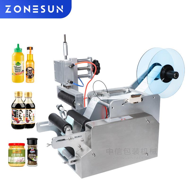ZONESUN ZS-TB80 Desktop Pneumatic Semi Automatic Round Bottle Labeling Machine for Wine, Hand Sanitizer & Beverage Bottles