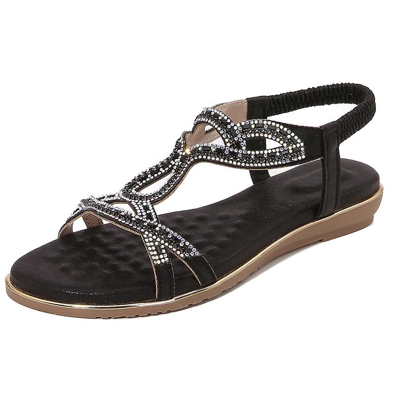 2024 Новые модные босоножки в богемном этническом стиле с цветочным принтом и стразами, удобные универсальные женские туфли с открытым носком