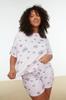Women's Fashion New Plus Big Size Pajama Set Powder Patterned Knitted Pajama Set