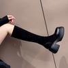 (Leather) 2025 New Platform Boots Boots Women's Elastic and Thin Knee Short Boots Thick Heel Medium Boots