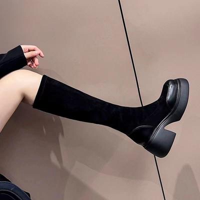 (Натуральная кожа) 2025 новые ботинки на платформе ботинки женские эластичные и тонкие до колена короткие ботинки толстый каблук средние ботинки