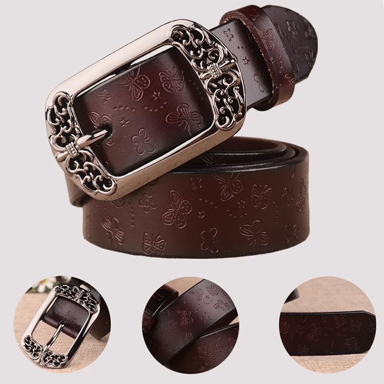 Women's Vintage Engraved Pin Buckle Genuine Cowhide Leather Belt - Versatile Casual Retro Waist Accessory
