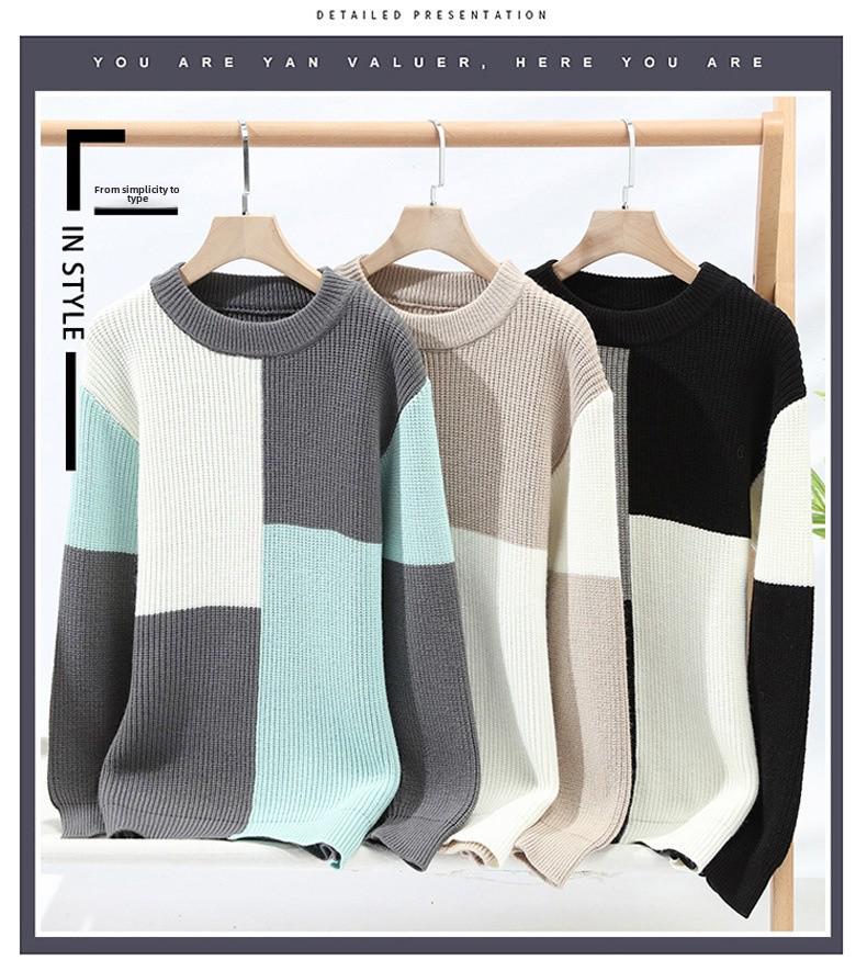 Мужской свитер с высоким воротом контрастного цвета 2024 года: Зимняя теплая свободная толстая трикотажная вельветовая одежда