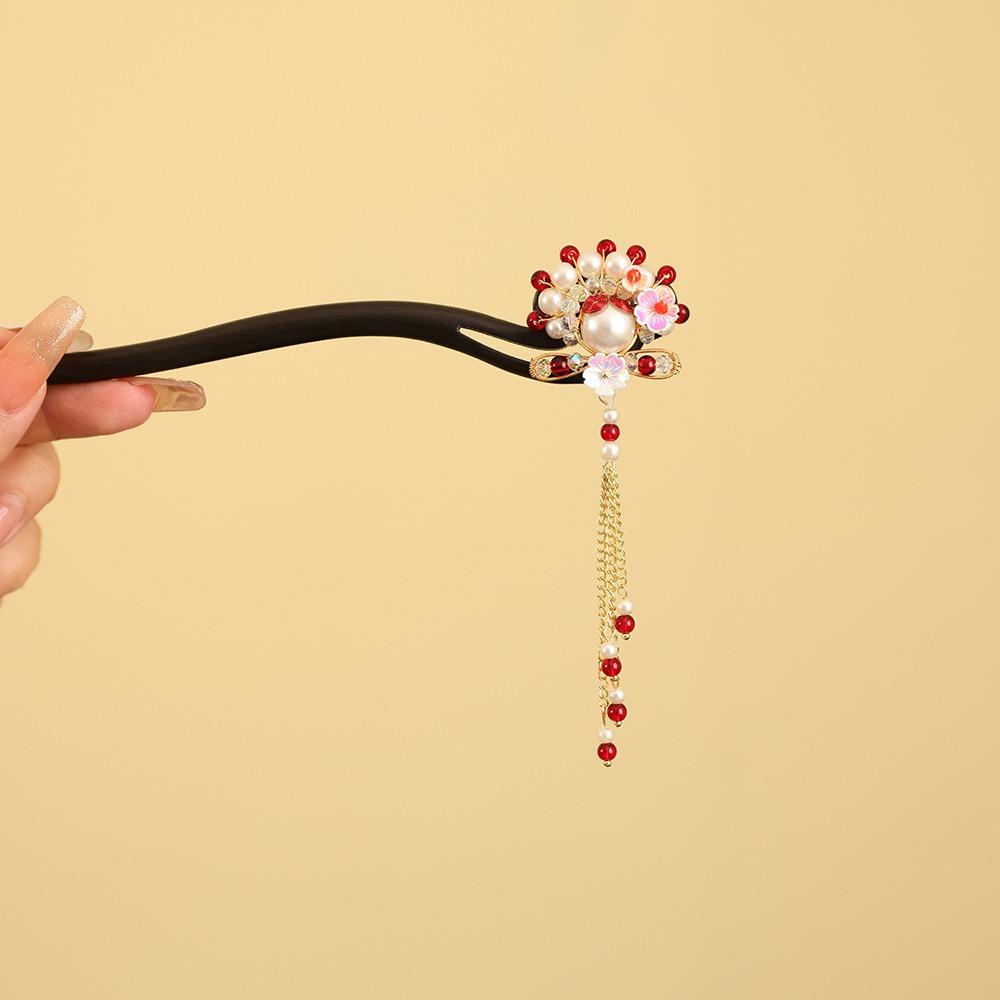 Red New Chinese Style Hair Clip Tassel Hanfu Hairpin Temperament Wooden Hair Stick  Bridal