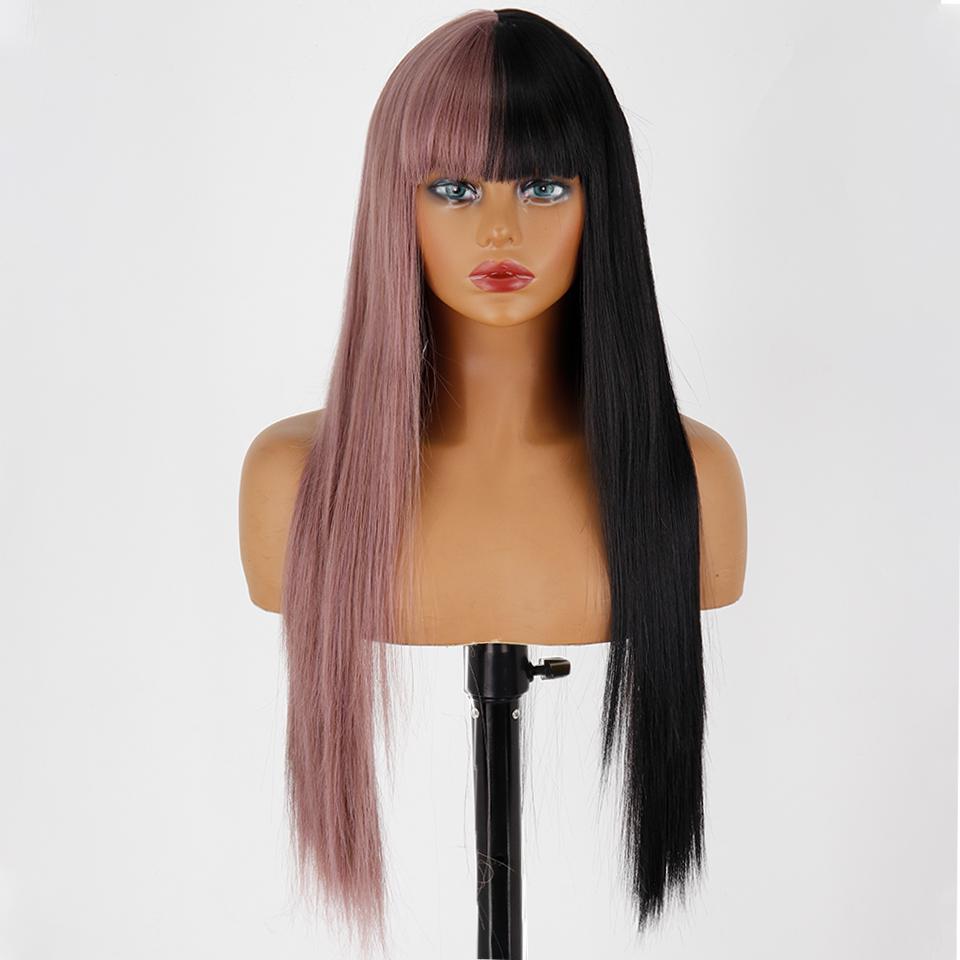 MISS WIG Women Fashion Long Straight Light Blonde Color Wig with Blunt Bangs Synthetic Fiber Daily Wear Long Straight Wig