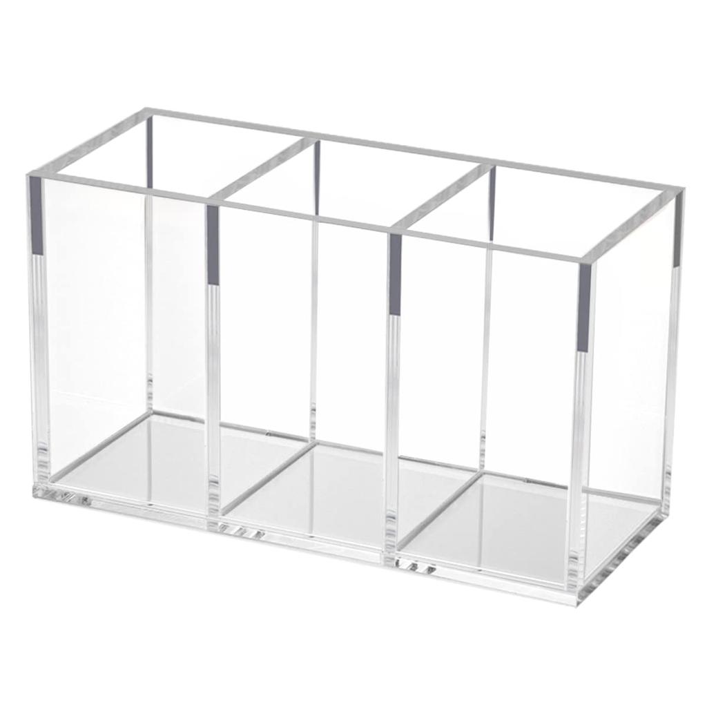 NIUBEE Pen Holder, 3 Compartments, Clear Acrylic, Pen Stand, Cosmetic Storage Box, Desktop Storage for Stationery, Makeup Brushes, and Other Small