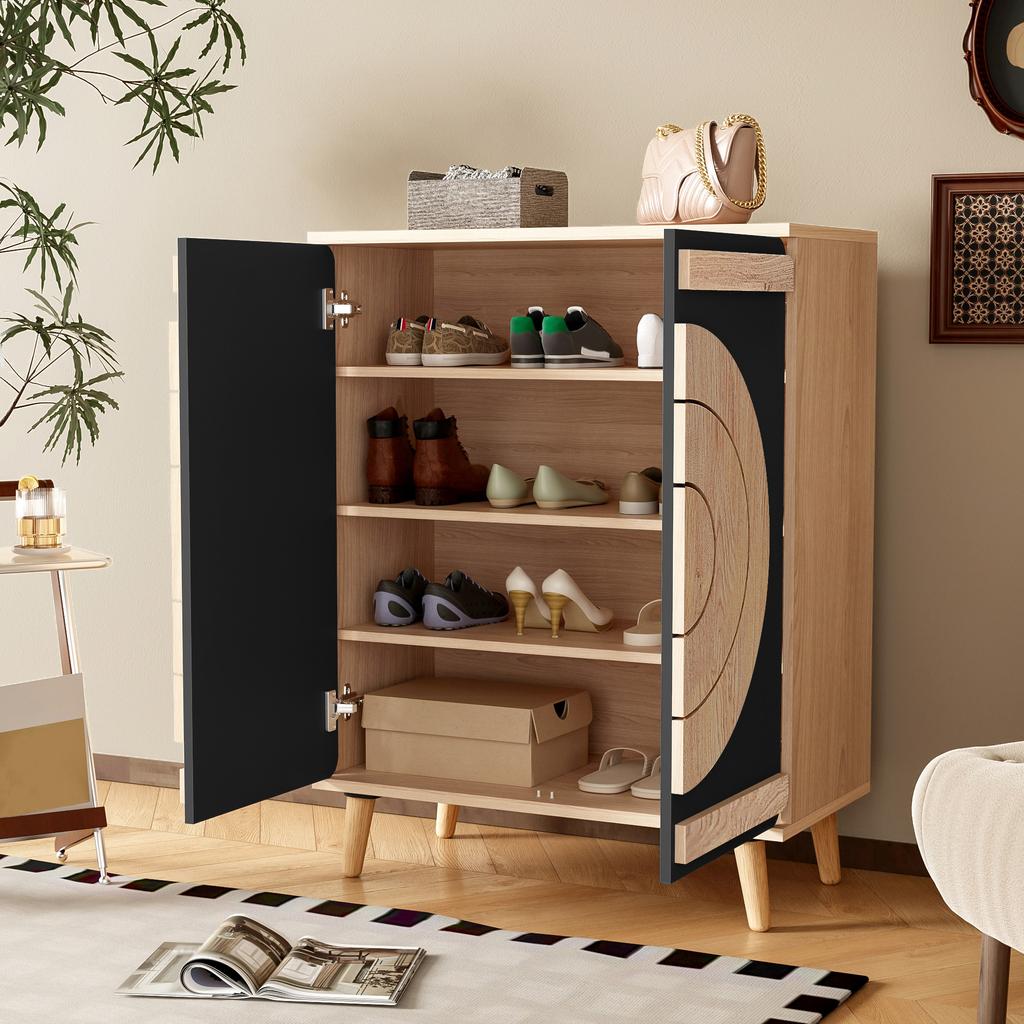 Modern Shoe Cabinet with Round, Geometric Doors, Multi-Level Storage, Sturdy Wooden Legs.