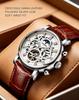 KINYUED Full Hollow Moon Phase Skeleton Watch Men Silver Case Brown Leather Strap Chronograph Waterproof Business Quartz
