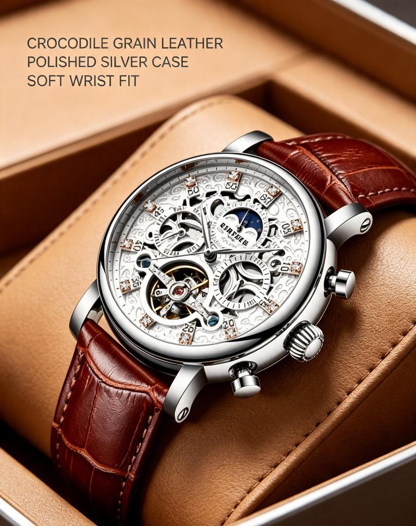 KINYUED Full Hollow Moon Phase Skeleton Watch Men Silver Case Brown Leather Strap Chronograph Waterproof Business Quartz