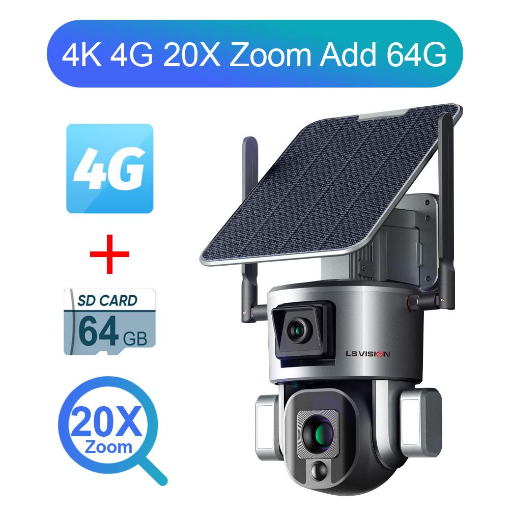 LS VISION 8MP 20X Optical Zoom 4G Solar Camera Dual Screen Wireless Outdoor 4K WiFi PTZ Human Auto Tracking Surveillance Cameras