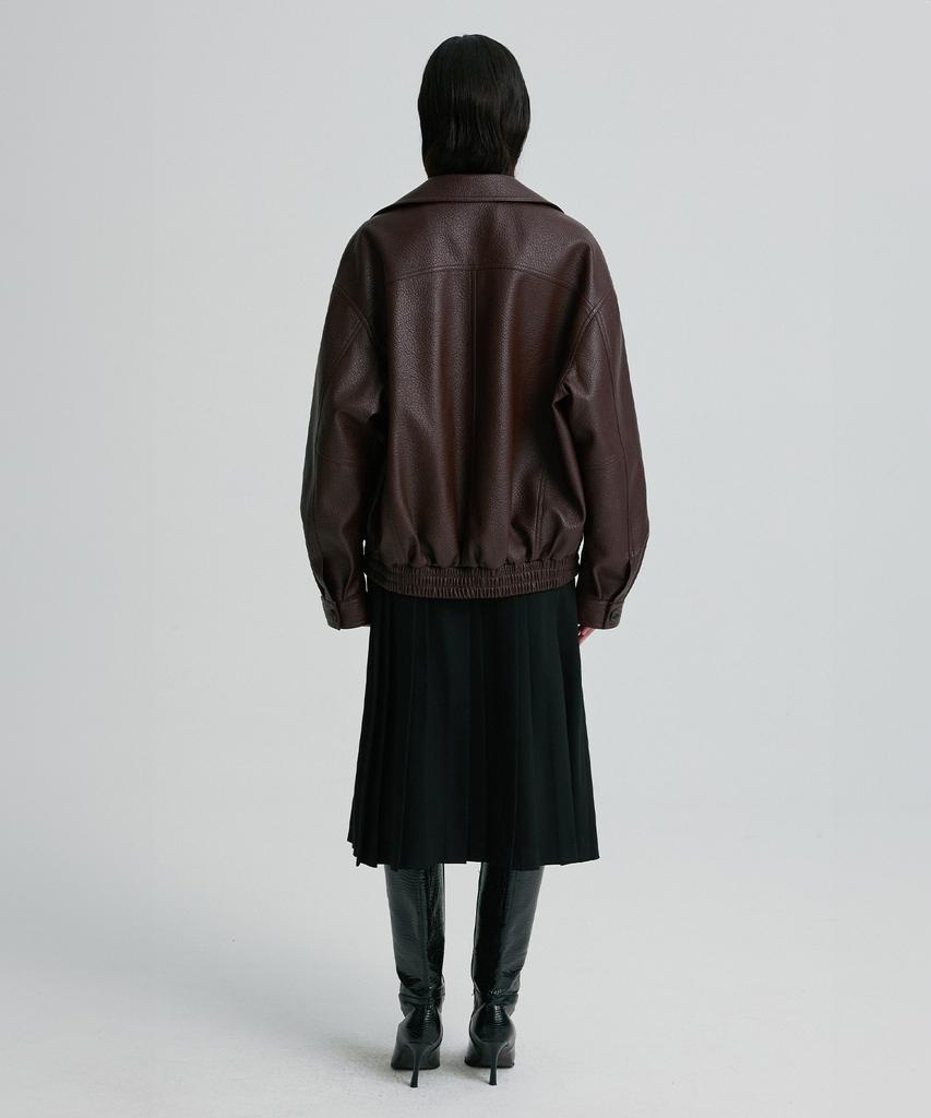 RE RHEE Oversized Leather Bomber Jacket Burgundy