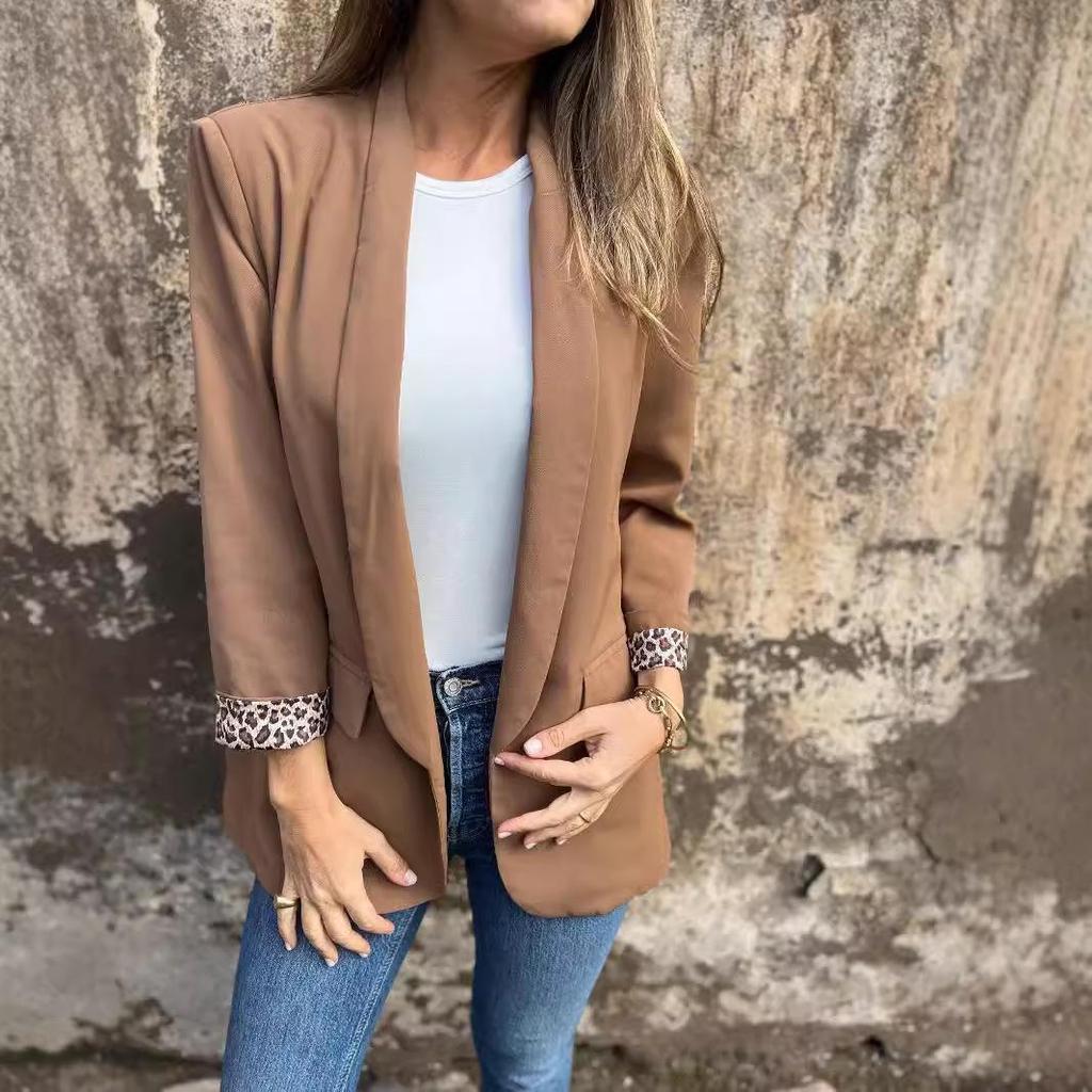 2024 Women's Leopard Print Patchwork Long-Sleeve Blazer Jacket for Autumn/Winter