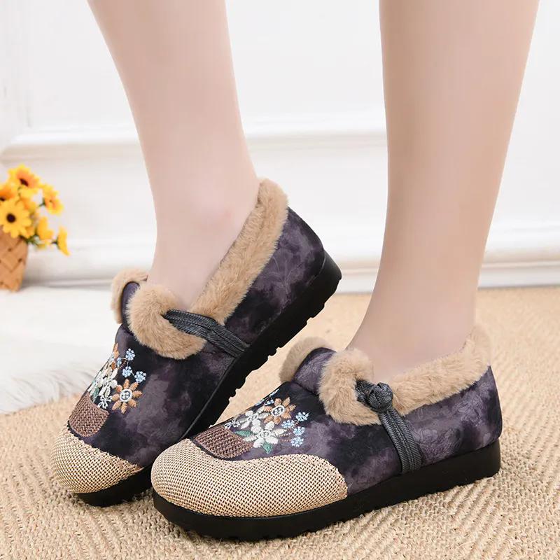 WTEMPO Большие размеры, повседневные однотонные туфли с вышивкой, женские осенне-зимние теплые, морозостойкие плюшевые туфли без застежек