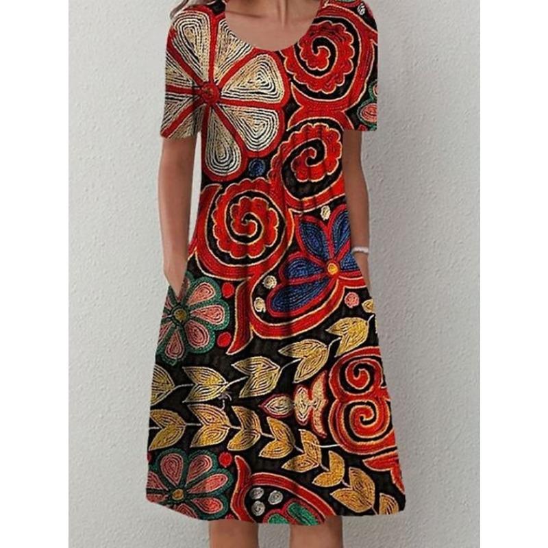 Женская мода лето весна цветочный узор принт короткий рукав О-образный вырез свободная талия повседневные платья