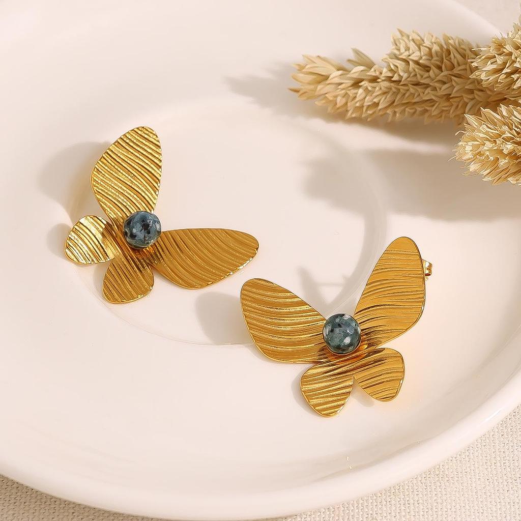 Винтажные серьги-бабочки из африканской бирюзы, титановая сталь с позолотой 18 карат, женская модная бижутерия