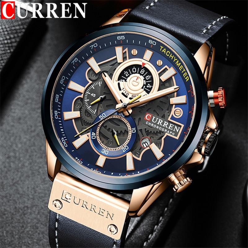 CURREN Man WristWatch Chronograph Sport Men Watch Military Top Brand Luxury Gold Blue Genuine Leather Calendar Male Clock 8380