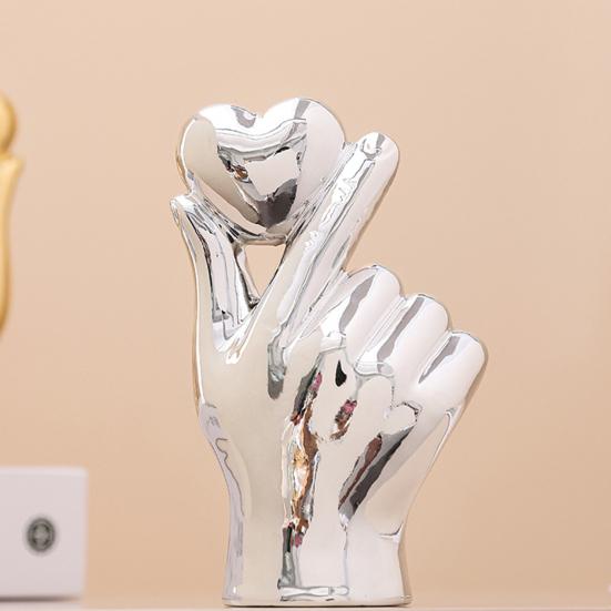 Жест любви Статуэтка одной руки Керамическая скульптура руки в форме сердца Золотисто-серебристое настольное украшение для гостиной, спальни, книжной полки, рабочего стола