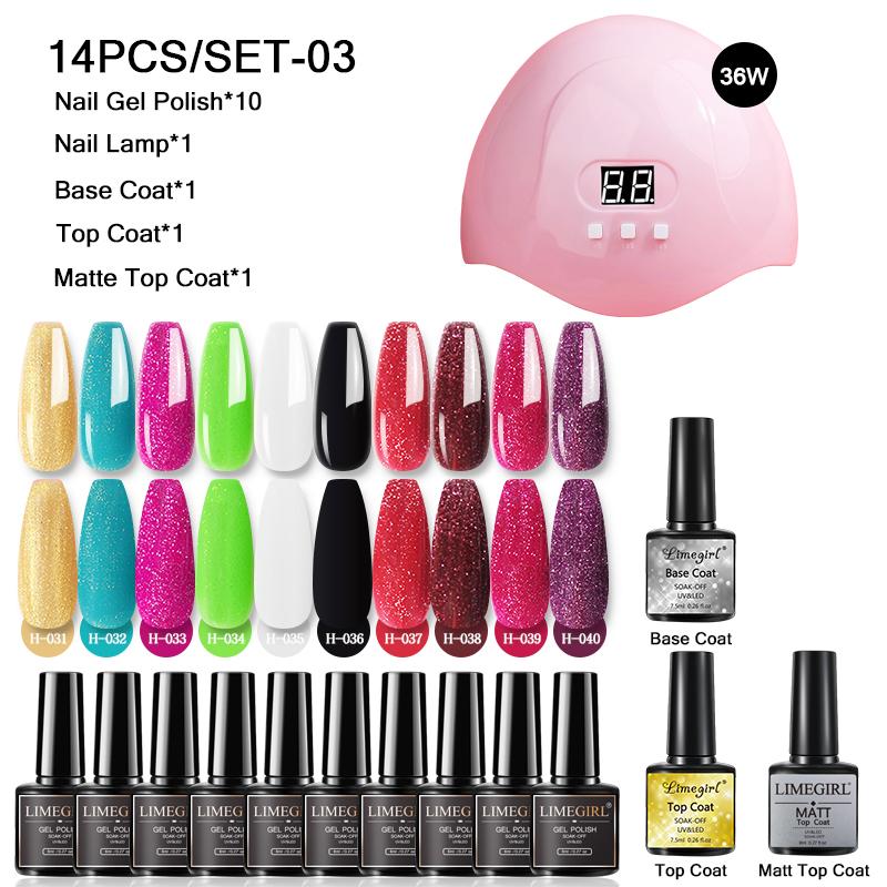 Маникюрный набор Limegirl, полуперманентный лак для ногтей, инструмент с УФ/светодиодной лампой для сушки ногтей, основа, верхнее покрытие, наращивание гелевого лака для ногтей, набор