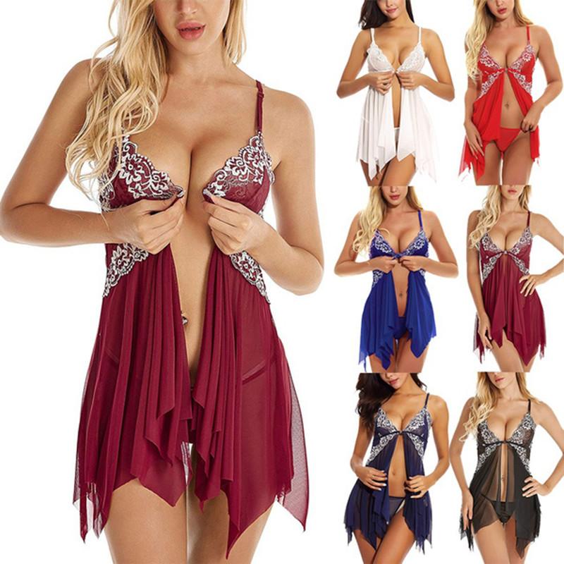 S-3XL плюс размер модная ночная рубашка женская кружевная ночная рубашка женское белье платье с разрезом спереди Babydoll глубокий V-образный вырез пижамы ночное белье асимметричная одежда для сна