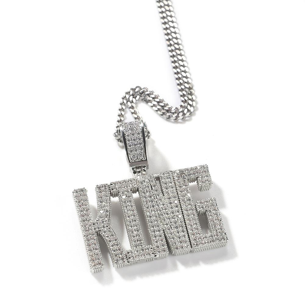 Custom Micro Paved CZ Diamond CEO King Name Pendants Trendy Brass Zircon Sublimation Capital Letters Rhodium Plated Iced Chain