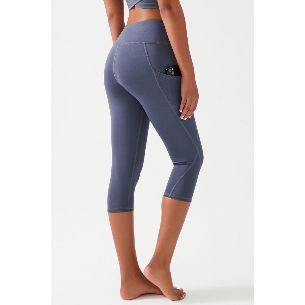 Женские черные леггинсы-капри длиной ниже колена с высокой талией и двойным карманом, капри