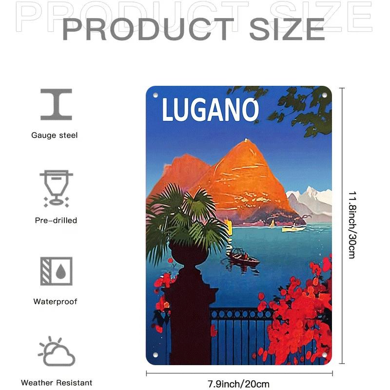 1 piece: A tin plaque depicting the scenery of Lake Lugano, a decorative painting of the Alps, Italian-style home wall art, vint