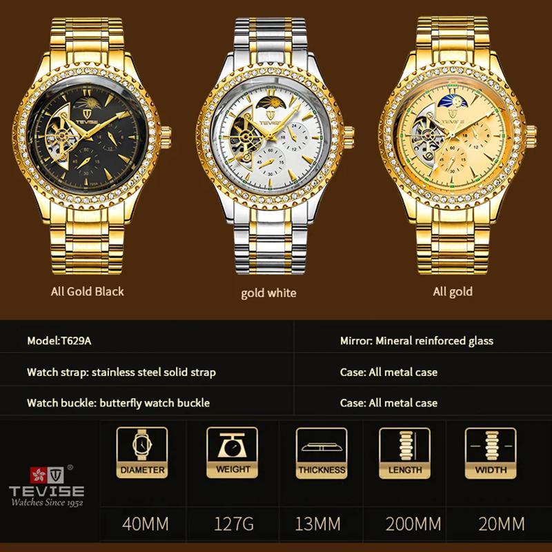 TEVISE Новые мужские механические часы с турбийоном, золотые часы с бриллиантами, деловые полностью автоматические механические часы, водонепроницаемые, светящиеся