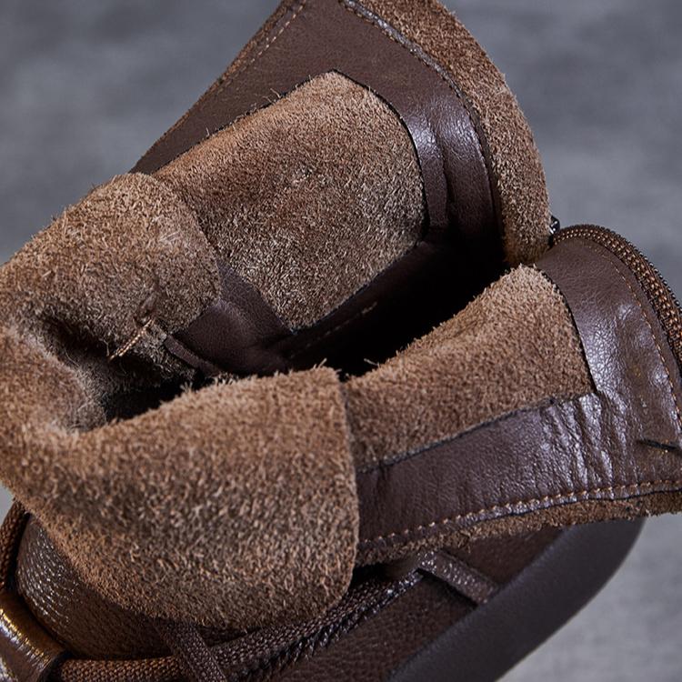 Johnature Handmade Vintage Mid-calf Boots Genuine Leather Women's Thick Soled Casual Versatile Short Boots