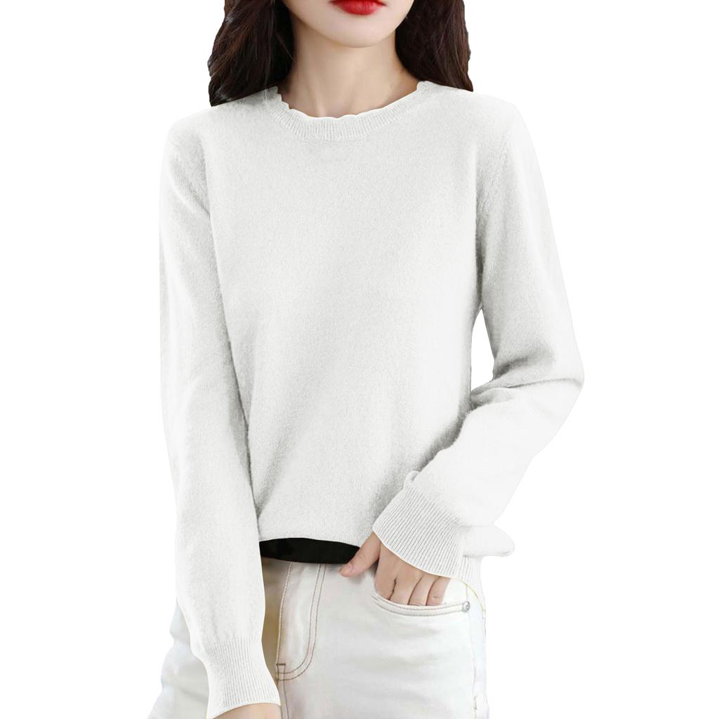 Women's Casual Lace Round Neck Base Layer Knitted Long Sleeve Solid Color Sweater