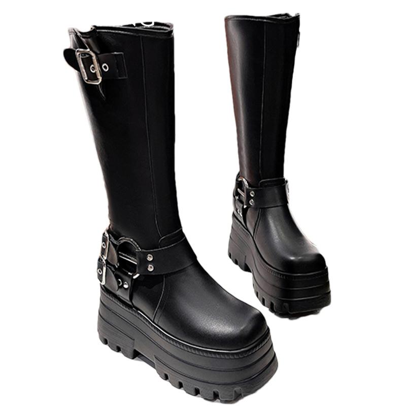 Женские высокие сапоги на платформе, модные туфли на высоком каблуке с пряжкой, 2025, трендовые кожаные зимние дизайнерские туфли до колена для мотоциклистов Botas De Mujer