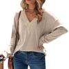 2024 European And American New Autumn And Winter Long Sleeved Lace V-Neck Solid Color Loose Brushed Base T-Shirt For Women
