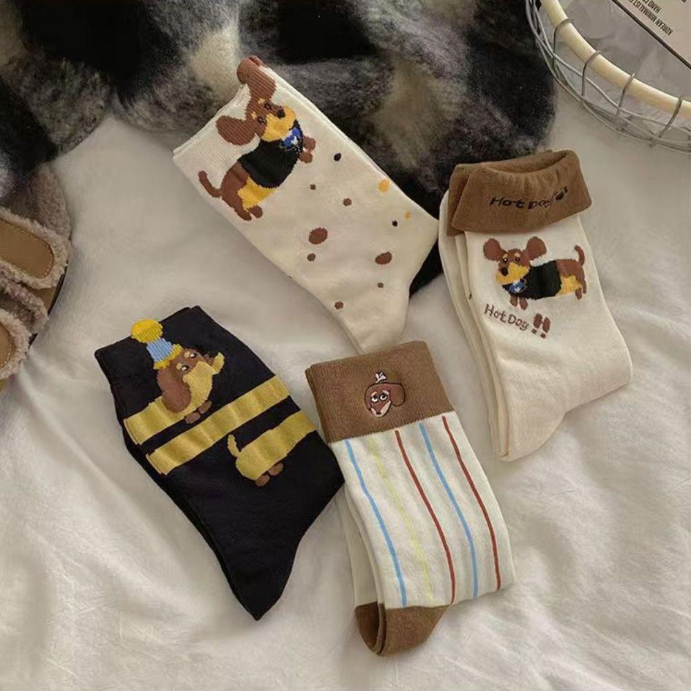 4 Pairs Embroidered Puppy Mid Calf Socks Warm Stacked Long Socks Kawaii Dog Crew Socks  Casual Wear