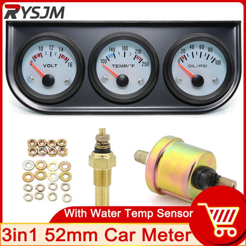 3 In 1 52mm Car Meter 100-250℉ Water Temp Meter 12V Gauge 8-16 V Voltage 0-100 Psi Oil Pressure Meter Temperature Sensor 10mm