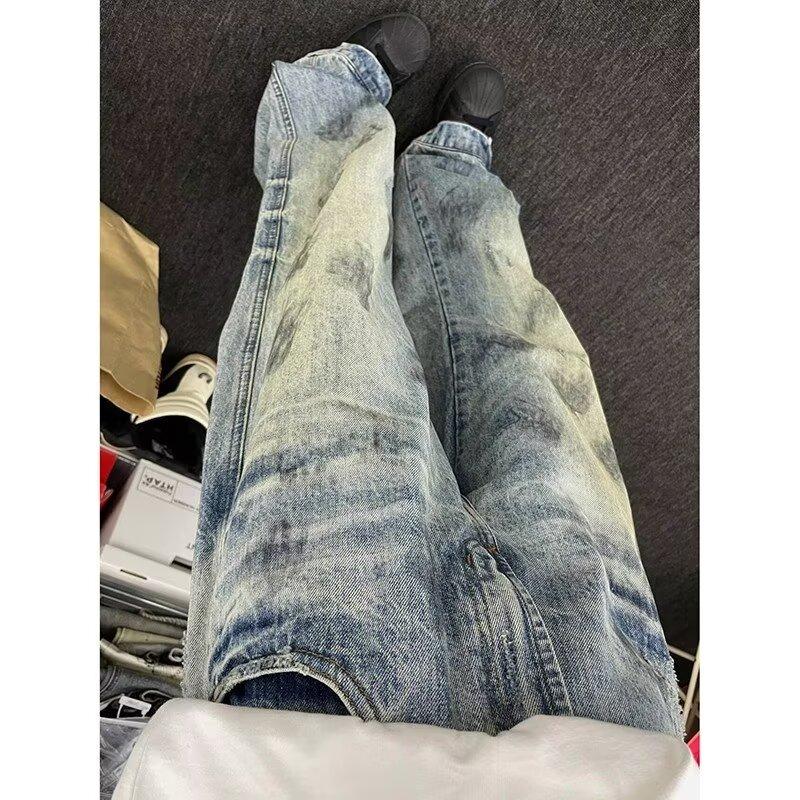 Джинсовые брюки High Street для мужчин, ретро-состаренные, свободные прямые брюки, спортивные брюки с широкими штанинами, модные