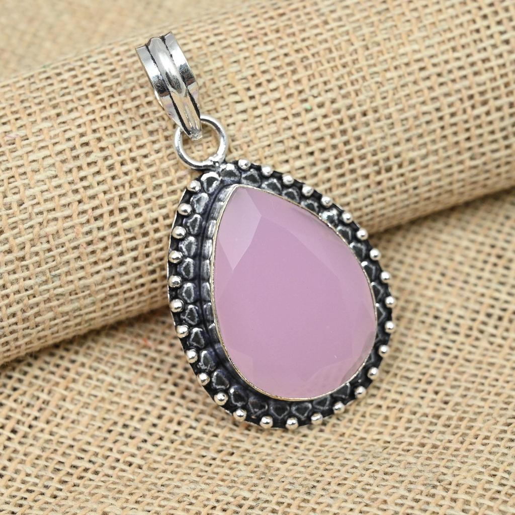 Pink Chalcedony Gemstone Solid 925 Sterling Silver Wedding Gift Handmade Jewelry Pendant