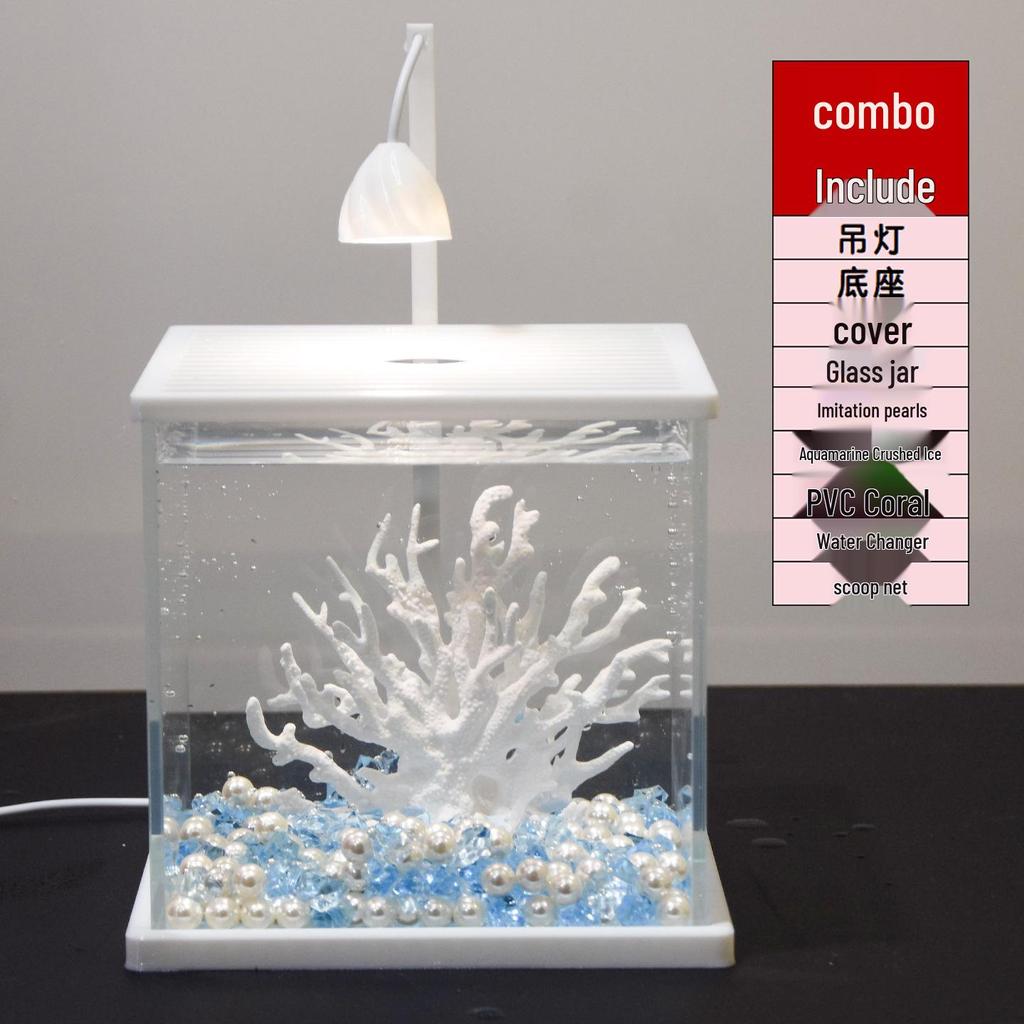 Mini Ultra-White Glass Fish Tank with Rose Light - Transparent Betta Tropical Fish Eco-Tank