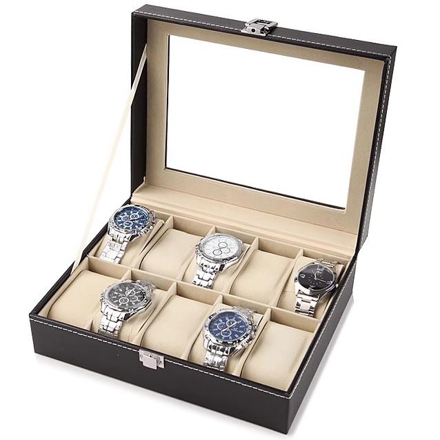 Элегантная коробка для часов с 10 слотами, витрина, стеклянный органайзер из искусственной кожи для хранения для мужчин и женщин, шкатулка для ювелирных изделий
