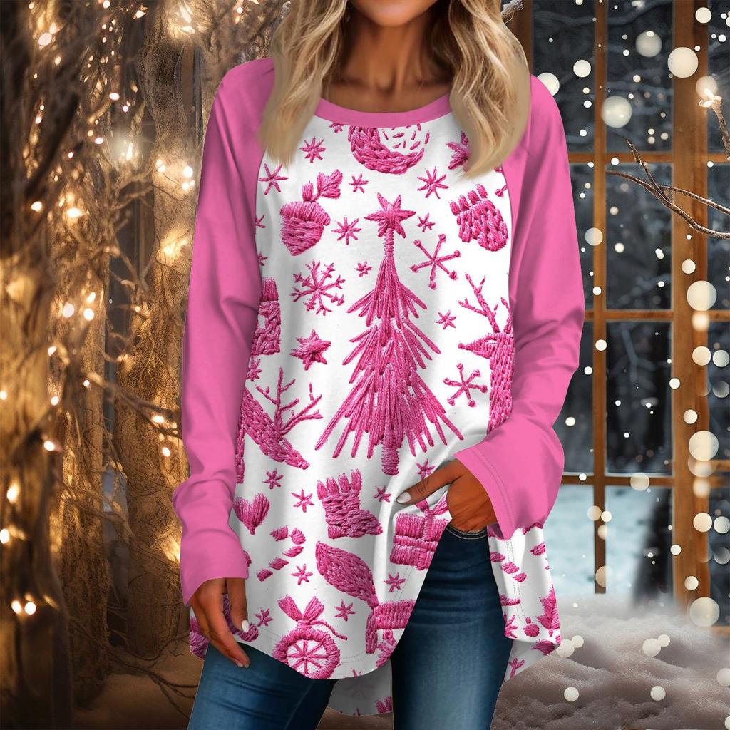 Женская повседневная футболка больших размеров с длинными рукавами и круглым вырезом с рождественским принтом, топ, пуловер