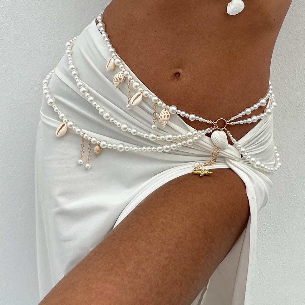 Ins Holiday Shell Tassel Waist Chain, Sexy Pearl Scallop Bikini Clothing Starfish Body Chain
