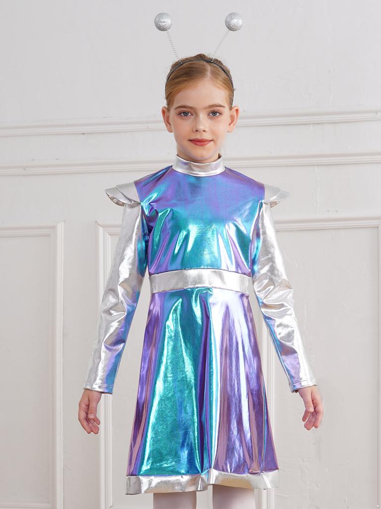 Костюм для косплея пришельцев для маленьких девочек, костюм милашки из космоса, металлическое платье с обручем для волос, наряд астронавта на Хэллоуин