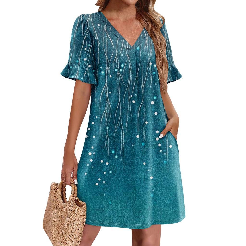Летние платья для женщин с V-образным вырезом, оборками и коротким рукавом, повседневное свободное платье с принтом, пляжное платье с карманами